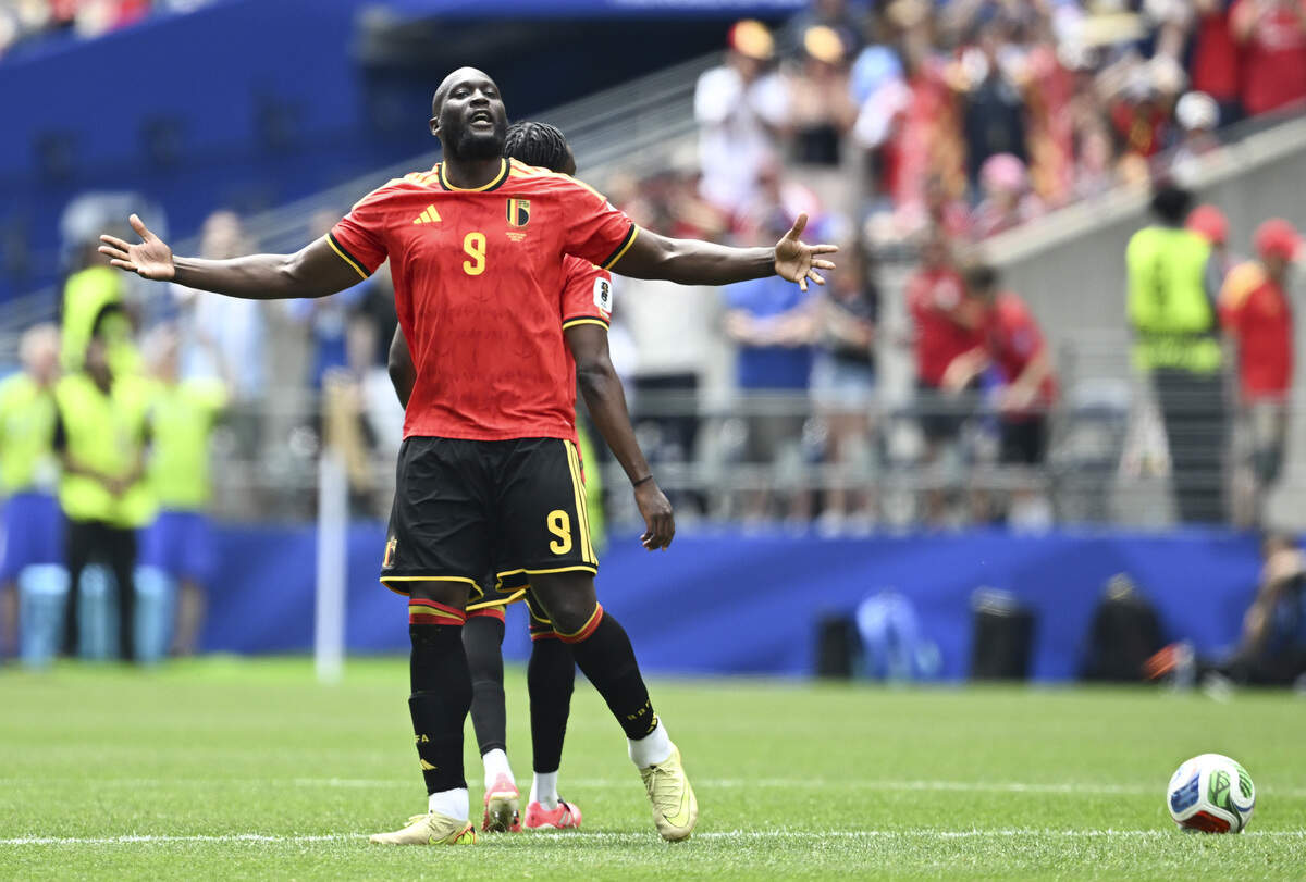 Belgium forward Romelu Lukaku (9) pumps up the crowd after an own goal by Egypt on Monday, June 15, 2026, during a FIFA World Cup game in Seattle, Wash.