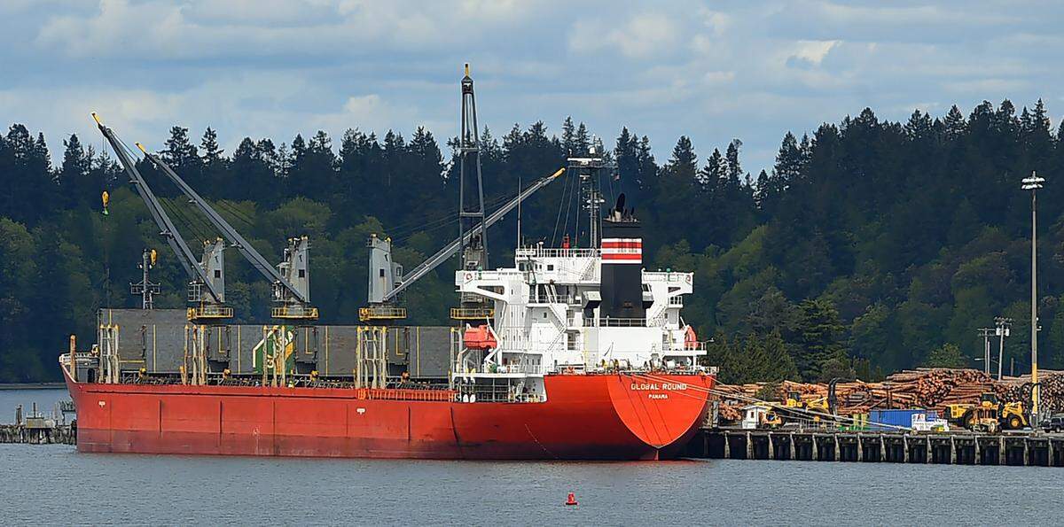 A breakbulk cargo ship is docked at the Port of Olympia’s marine terminal.