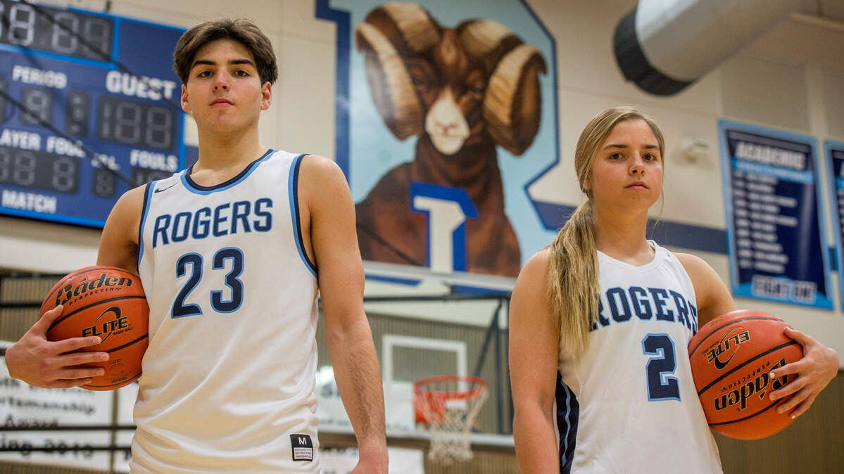Rogers High School basketball players Jace (left) and Raigan Barrett. The twins are both varsity starters and leading scorers for the boys and girls Rams basketball teams. January 2, 2019