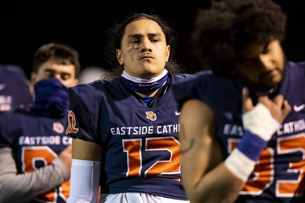 Eastside Catholic linebacker Dishawn Misa lines up before the Crusaders take on the O’Dea Fighting Irish on their home turf in Sammamish Friday March 5, 2021. Eastside Catholic won, 20-0.