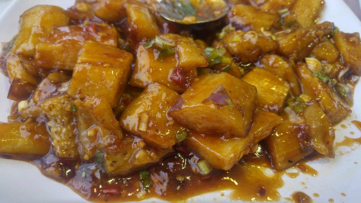 Eggplant with a sticky garlic sauce from Rose Garden Chinese Restaurant in Puyallup.