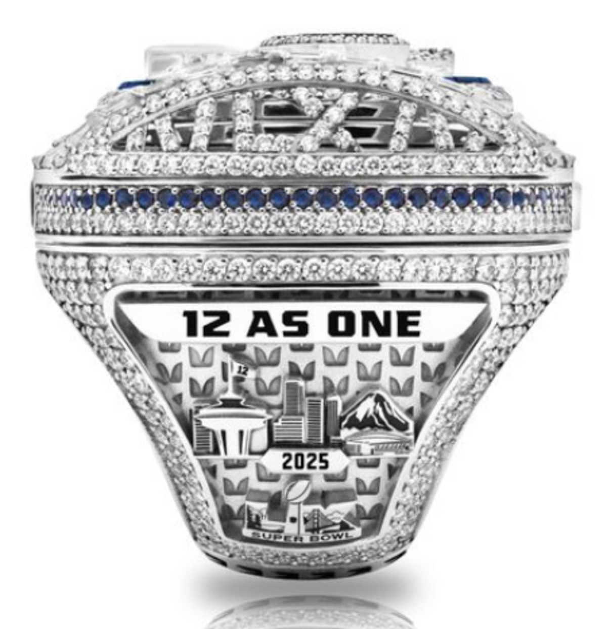 The side of the Seahawks’ Super Bowl 60 championship ring by Jason of Beverly Hills features one of coach Mike Macdonald’s team credos.