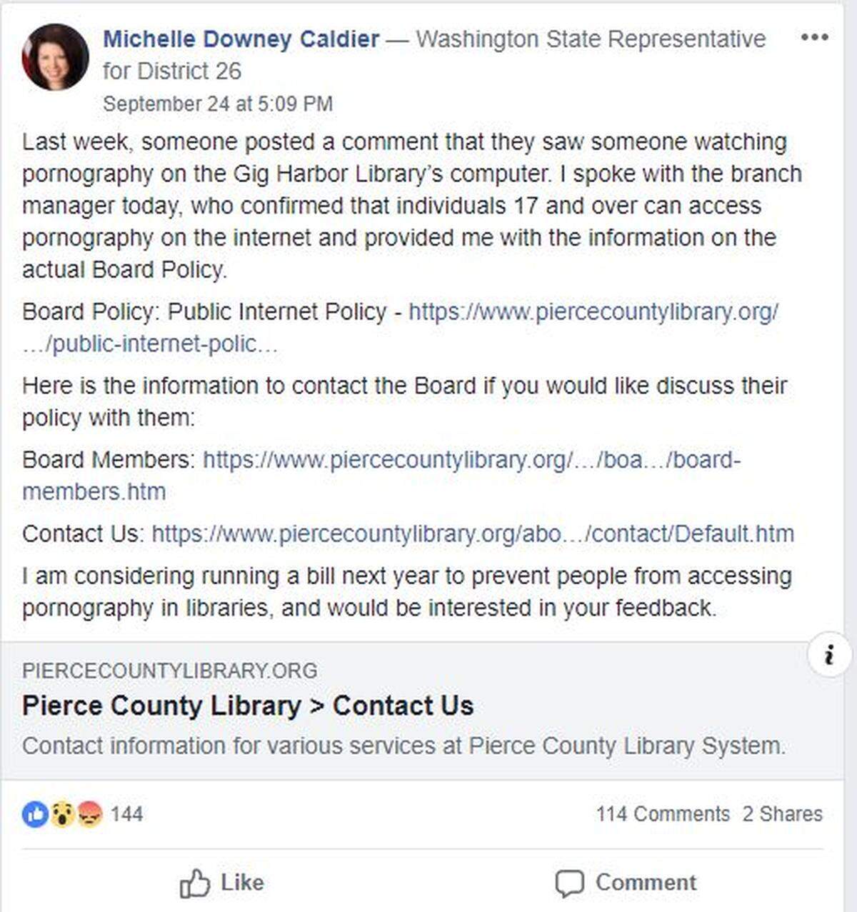A public Facebook post made by Rep. Michelle Caldier, R-Port Orchard, regarding an issue at the Gig Harbor branch of the Pierce County Library.
