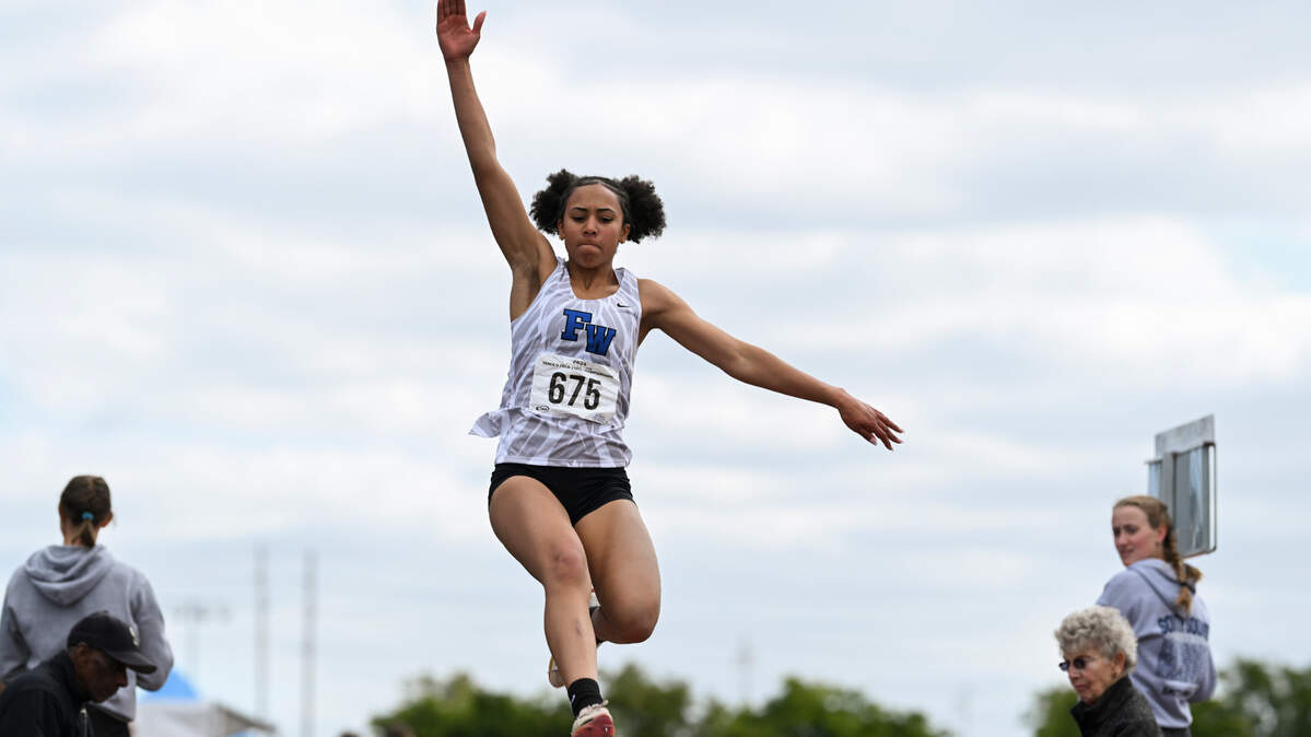 Federal Way’s Cassandra Atkins competes in the 4A long jump during of the Track and Field Championship at Mount Tahoma High School, on Thursday, May 23, 2024, in Tacoma, Wash.