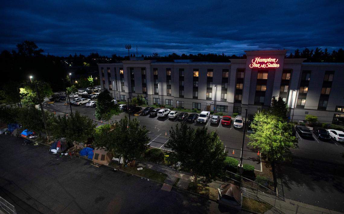 A homeless encampment along 82nd Street between the Best Western Plus and Hampton Inn & Suites on Hosmer Street in Tacoma, Washington on June 28, 2022.