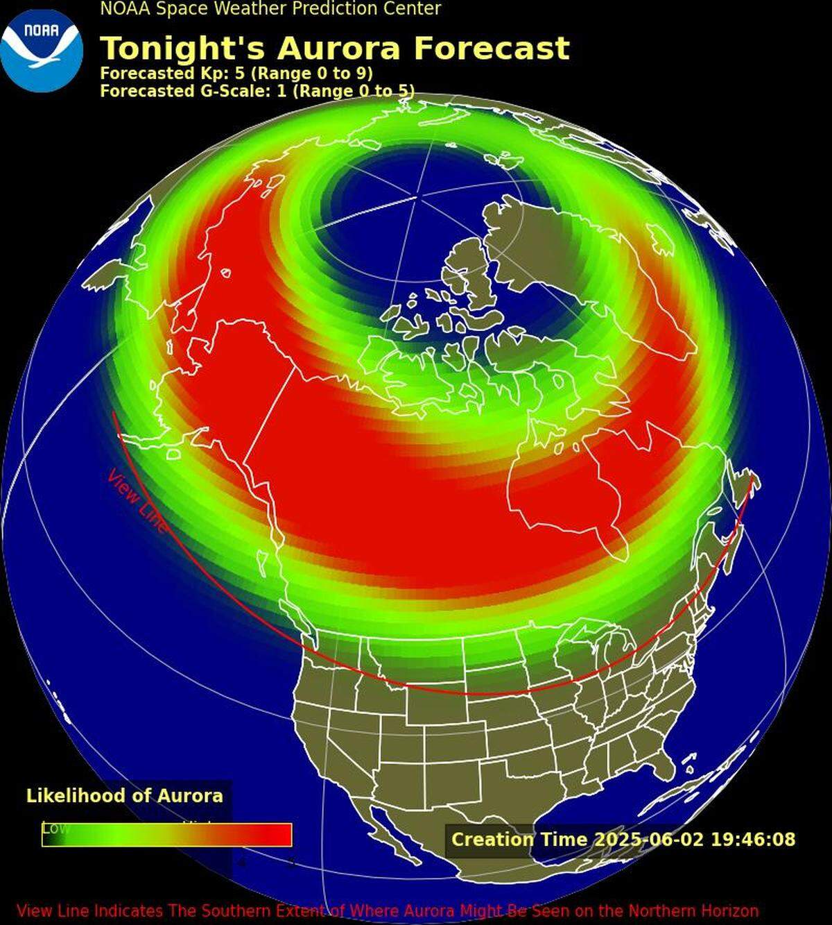 The red line shows the “view line” for June 2 northern lights. Image by the National Ocean and Atmospheric Administration’s Space Weather Prediction Center.