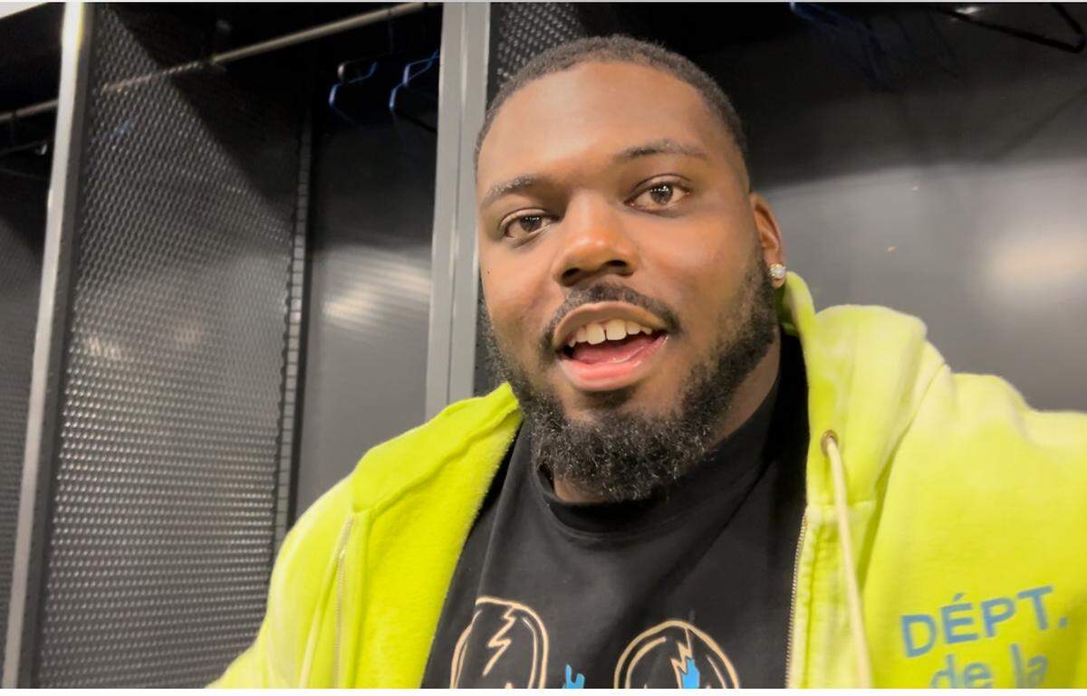 Mike Jerrell in the Seahawks’ locker room at Mercedes-Benz Stadium in Atlanta following the rookie sixth-round draft choice from the University of Findlay’s impressive performance at right tackle in his NFL debut, Seattle’s 34-14 victory over the Falcons Sunday, Oct. 20, 2024.