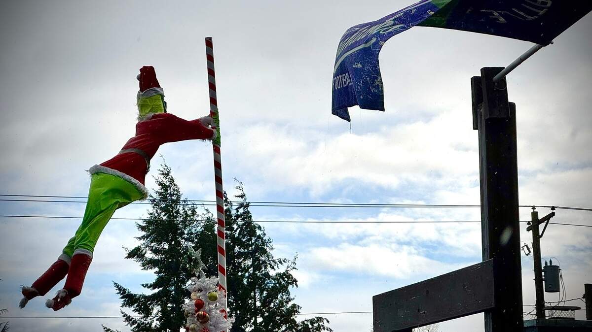 A grinch holds on for dear life as a Seahawks flag flaps nearby during a wind gust Saturday morning on Tacoma‘s West side.