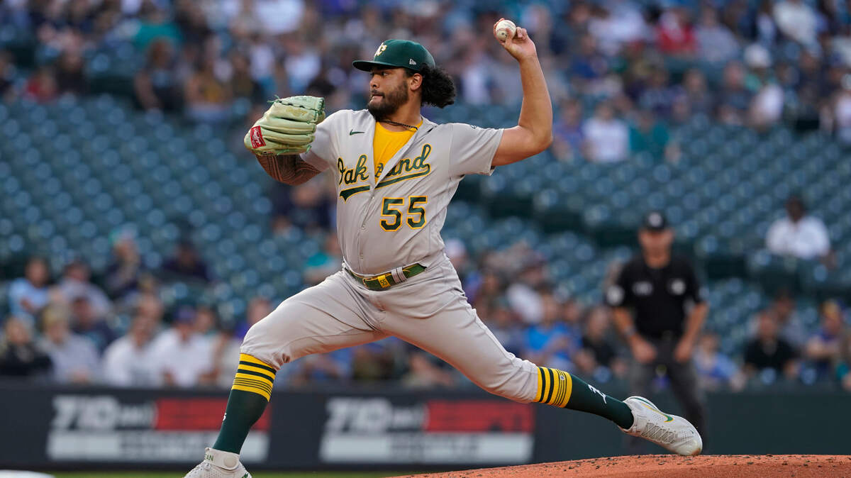 Oakland Athletics starting pitcher Sean Manaea to a Seattle Mariners batter during the first inning of a baseball game Thursday, July 22, 2021, in Seattle. (AP Photo/Ted S. Warren)