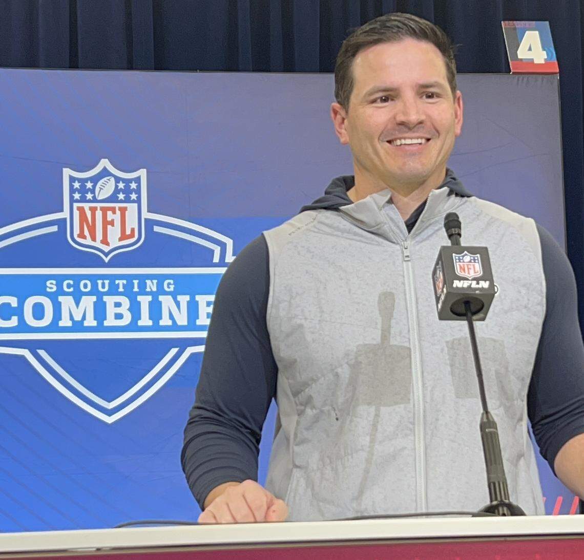 Seahawks coach Mike Macdonald speaking at the NFL scouting combine Wednesday, Feb. 25, 2026, inside the Indiana Convention Center in Indianapolis.