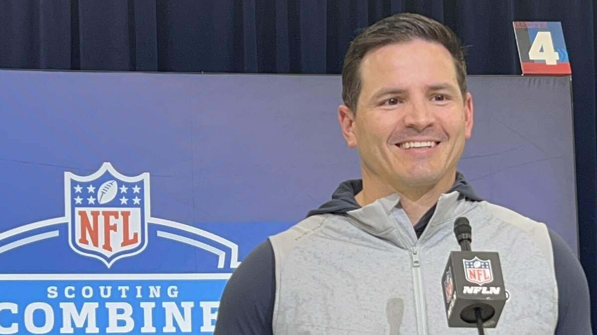 Seahawks coach Mike Macdonald speaking at the NFL scouting combine Wednesday, Feb. 25, 2026, inside the Indiana Convention Center in Indianapolis.