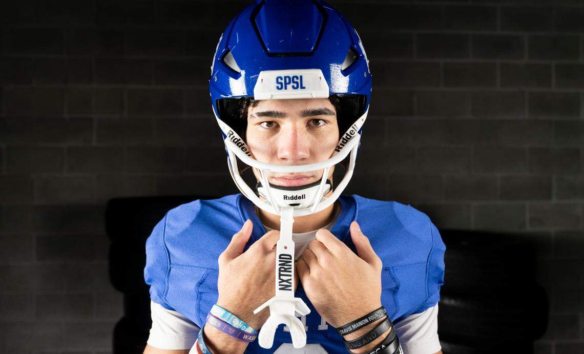 The News Tribune 2024 All-Area first-team linebacker selection Xavier Ahrens, Curtis, poses for a portrait at Mount Tahoma High School, on Sunday, Dec. 8, 2024, in Tacoma, Wash.