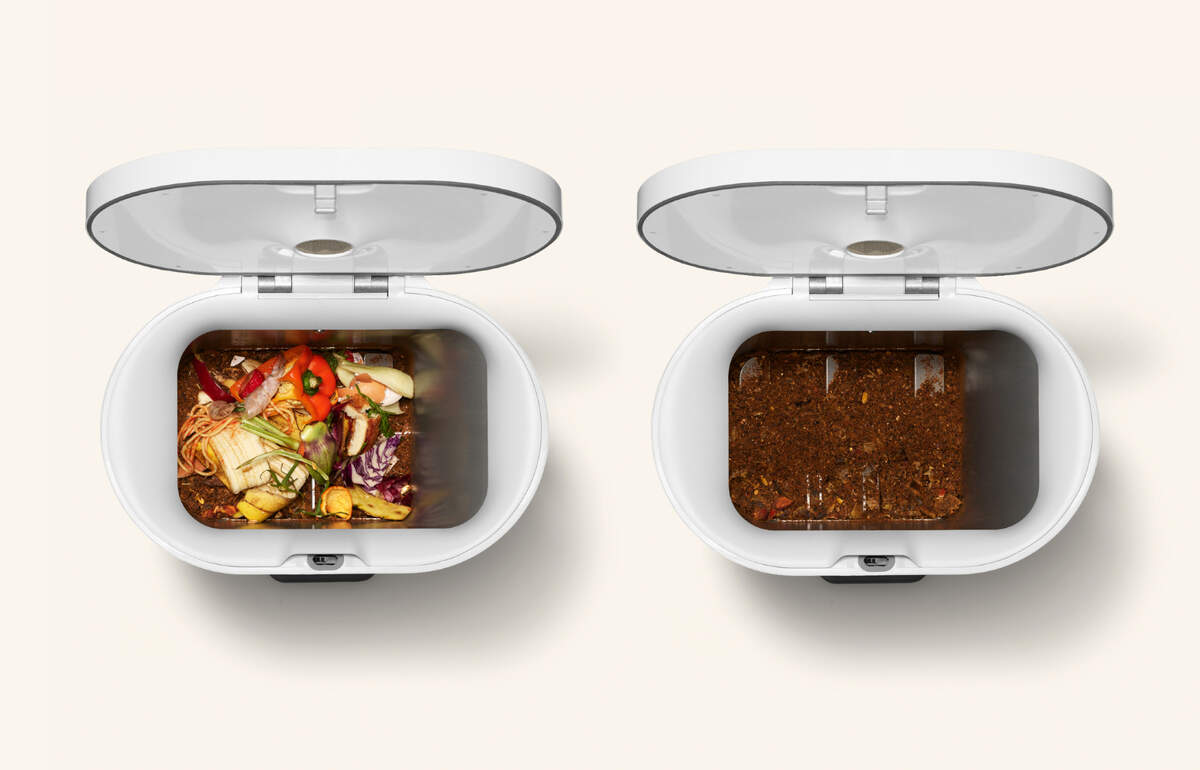 The Mill bin dries, shrinks and de-stinks food waste turning it into a chicken feed ingredient.