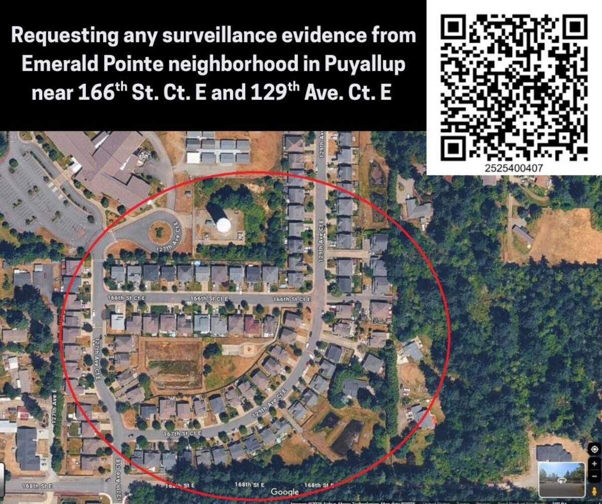 The Sheriff’s Office is requesting video footage from the Emerald Pointe neighborhood in the Puyallup area where a shooting took place September 11, 2025.