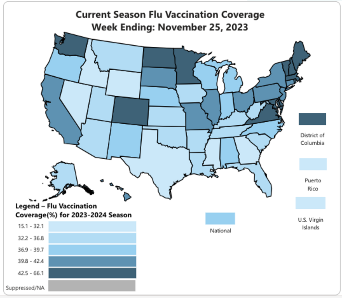 A CDC map showing percentages of vaccinations completed as of Nov. 25.