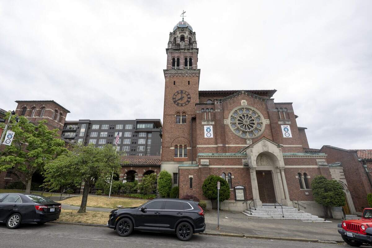 A 165-foot tower marks First Presbyterian Church Tacoma on Tuesday, June 30, 2026, in Tacoma, Wash.