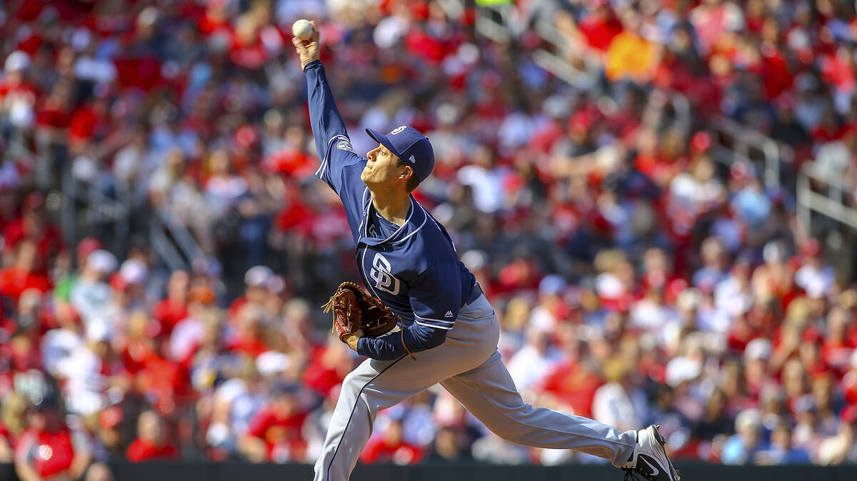 San Diego Padres relief pitcher Matt Wisler (49) pitches during the seventh inning of a baseball game against the St. Louis Cardinals, Saturday, April 6, 2019, in St. Louis.