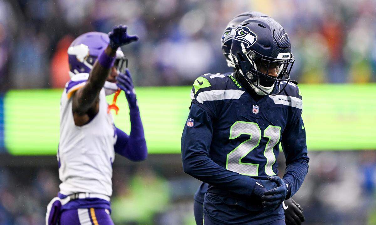 Seattle Seahawks cornerback Devon Witherspoon (21) reacts to a Minnesota Vikings reception during the first quarter of the first quarter of the game at Lumen Field, on Sunday, Dec. 22, 2024, in Seattle, Wash.