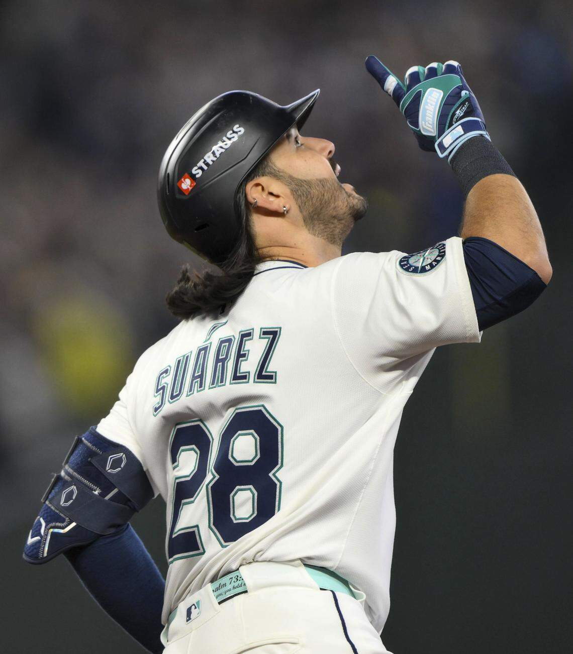 Seattle’s Eugenio Suarez celebrates after hitting a solo home run in the second inning of the American League Championship Series on Friday, Oct. 17, 2025 at T-Mobile Park in Seattle.