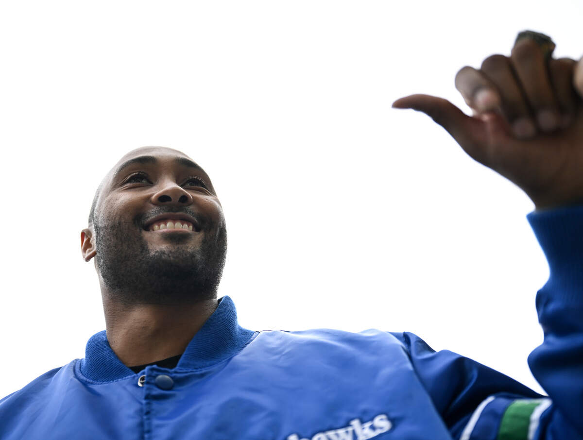 K.J. Wright, linebacker on the Super Bowl champion Seahawks, greets fans before the game between the Seattle Seahawks and the Carolina Panthers at Lumen Field, Sunday, Sept. 24, 2023, Seattle, Wash.