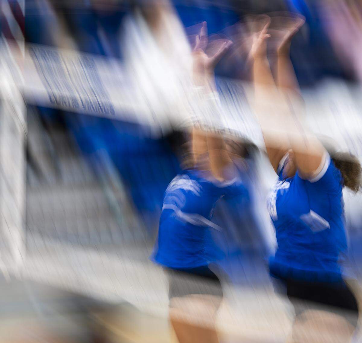 Curtis setter Kathryn Harris (2) and middle blocker Kayla Baker (15) jump up for the block against the Kennedy Catholic Lancers during the volleyball match at Curtis Senior High School, on Thursday, Sept. 18, 2025, in University Place.