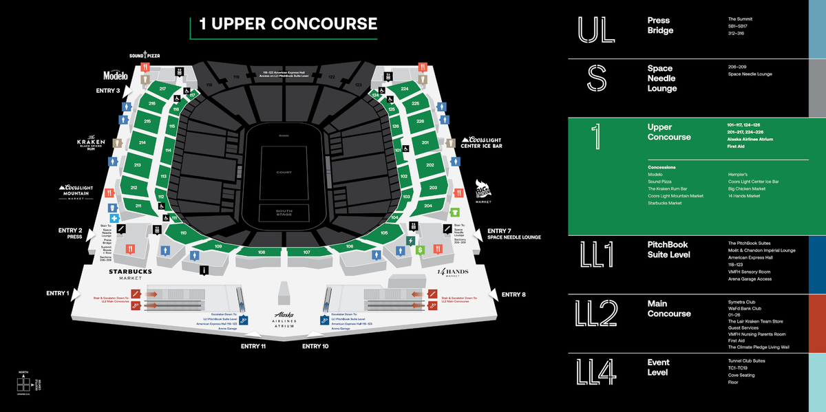 Venue map covering Climate Pledge Arena’s Upper Concourse food and drink locations.