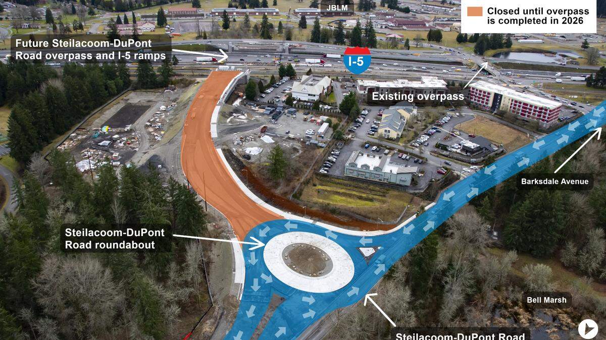 A rendering shows road work in DuPont planned as part of the I-5 Mounts Road to Steilacoom-DuPont Road Corridor Improvements project, which includes adding a new roundabout on Steilacoom-DuPont Road and building a new overpass and ramps from I-5.