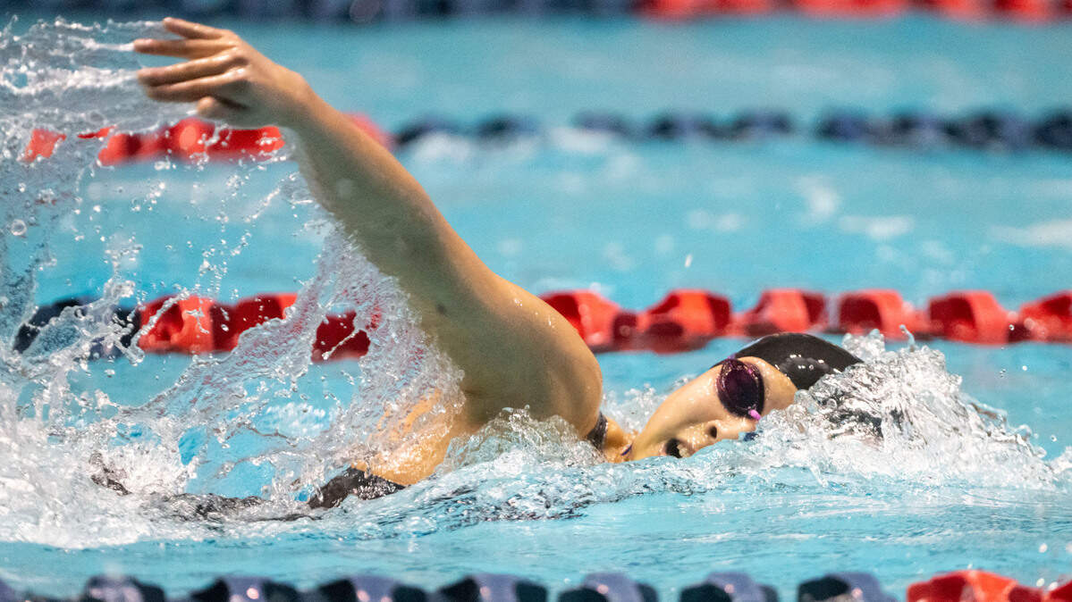 Tahoma’s Elayne Chen races in the 200-meter freestyle at the State 4A Swimming and Diving finals on Saturday, Nov. 12, 2022, at the King County Aquatic Center in Federal Way, Wash. Chen won the race along with the 500-meter freestyle.