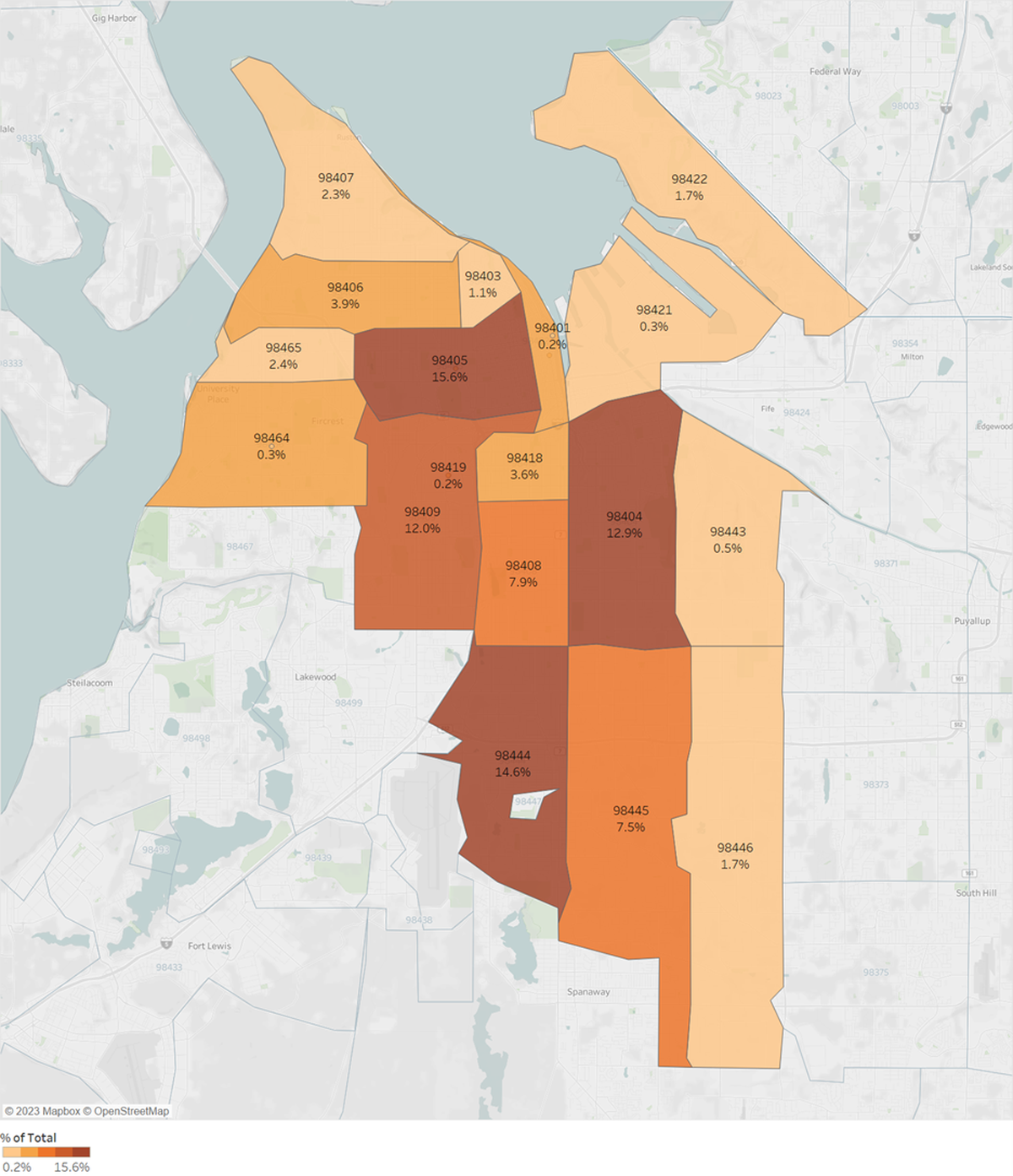 A map of Tacoma shows which areas of Tacoma received more applicants for the Tacoma Housing Authority waitlist in April 2023. Zip codes: 98405, 98444 and 98404 (identified in dark brown) had the most applicants.