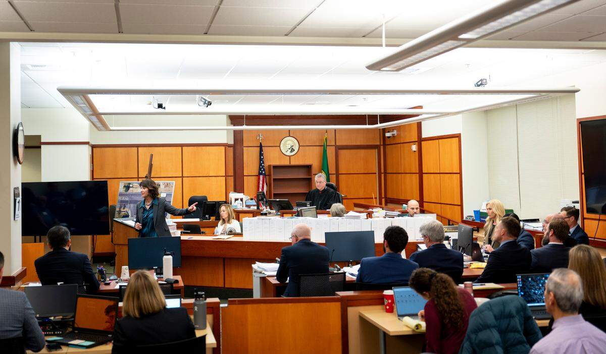 Special Assistant Attorney General Patty Eakes gives closing arguments during the trial of three Tacoma Police officers in the killing of Manny Ellis at Pierce County Superior Court, Monday, Dec. 11, 2023, in Tacoma, Wash. Tacoma Police Officers Christopher Burbank, Matthew Collins and Timothy Rankine stand trial for charges related to the March 2020 killing of Manny Ellis. (Brian Hayes / Pool Photo – The News Tribune)