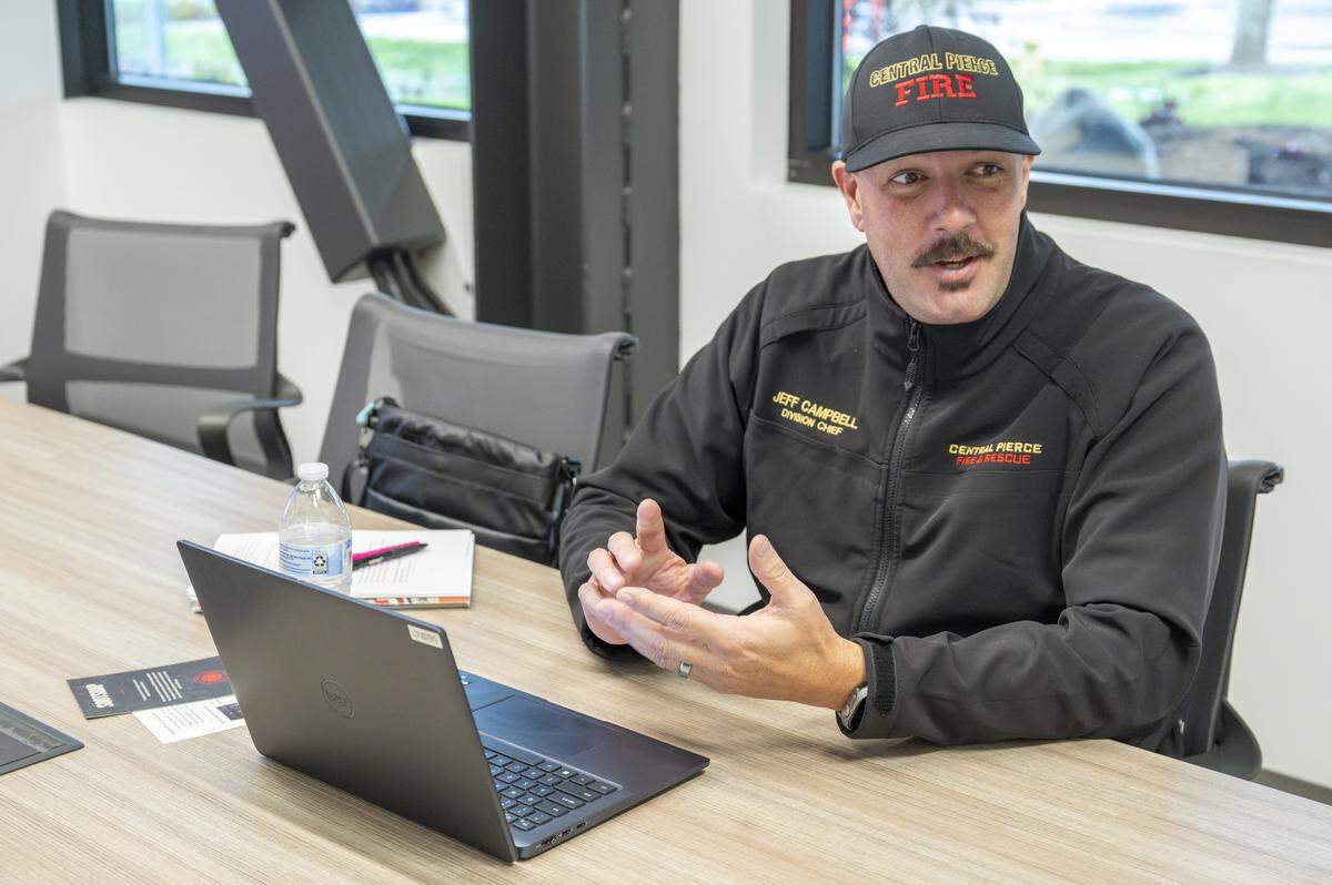 Jeff Campbell, a Division Chief with Central Pierce Fire & Rescue, speaks on the health and wellness division that he runs at the department on Thursday, Dec. 4, 2025, in Puyallup, Wash.