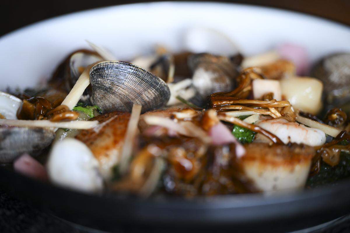 Small mushrooms love a soy pickle, said Field Bar’s Hippensteel. The springtime seafood primavera combines local clams with shrimp and scallops, a nettle pesto, pickled ginger and daikon, and petite enokis sourced of course from Adam’s Mushrooms.