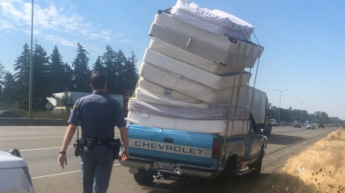 A Washington State Patrol trooper stopped the driver of this pickup truck Wednesday on southbound Interstate 5, just south of state Route 512. The driver was cited for failing to secure their load.