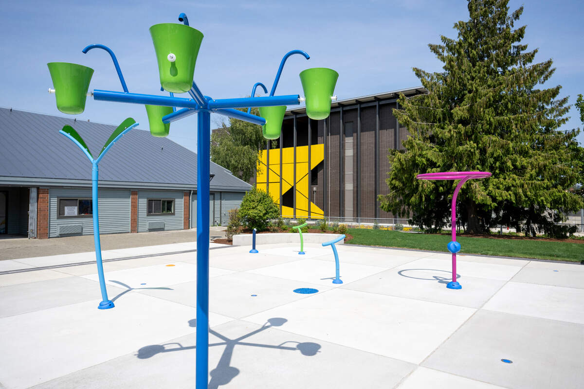 Interactive features for the new splash pad at Colburn Park are visible on Monday, June 23, 2025, as the city prepares for the water play area’s opening July 3 in Fife, Wash.