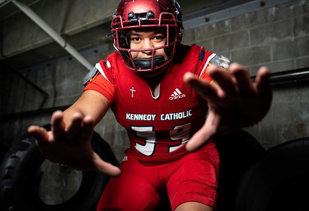 Kennedy Catholic senior Micah Banuelos poses for a portrait after being selected as an offensive lineman for the News Tribune’s 2022 all-area football team, at Mount Tahoma High School in Tacoma, Wash. on Dec. 4, 2022.