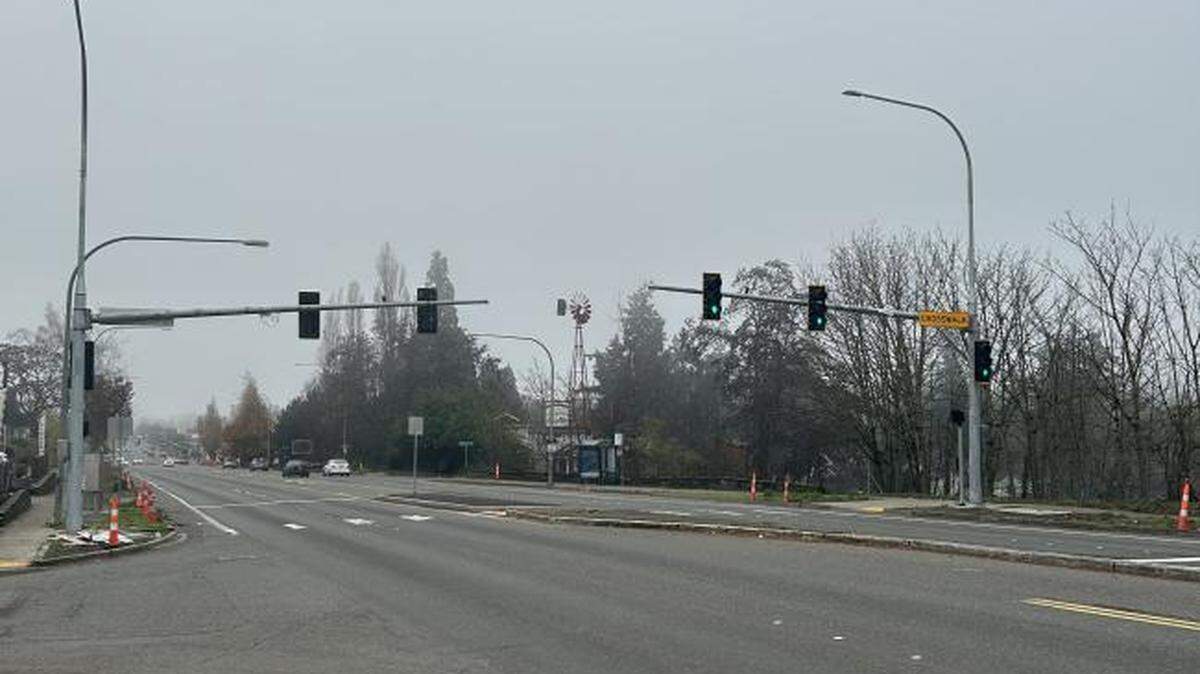 New overhead traffic lights at SR 7 and Violet Meadow Street South help people who walk or roll cross the highway.