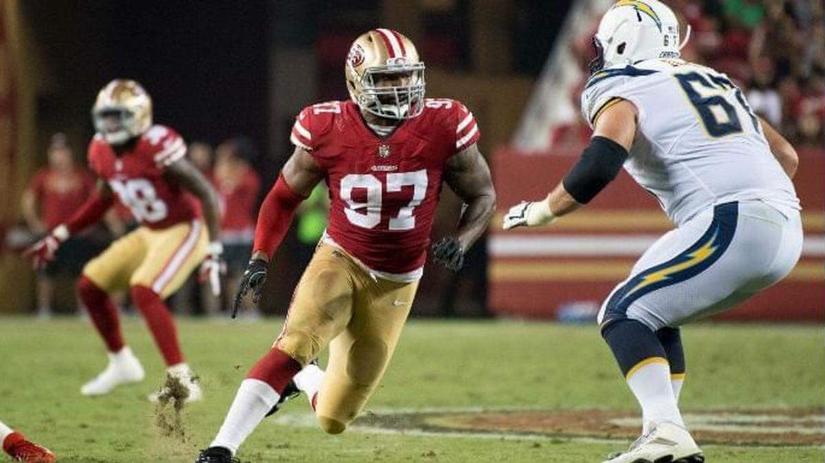 Dekoda Watson (97) pass rushing for the San Francisco 49ers. They were the 31-year-old’s last team, in 2017 and ’18. The Seahawks signed the edge rusher on Wednesday to fill the spot on the open roster created by the NFL suspending Josh Gordon.