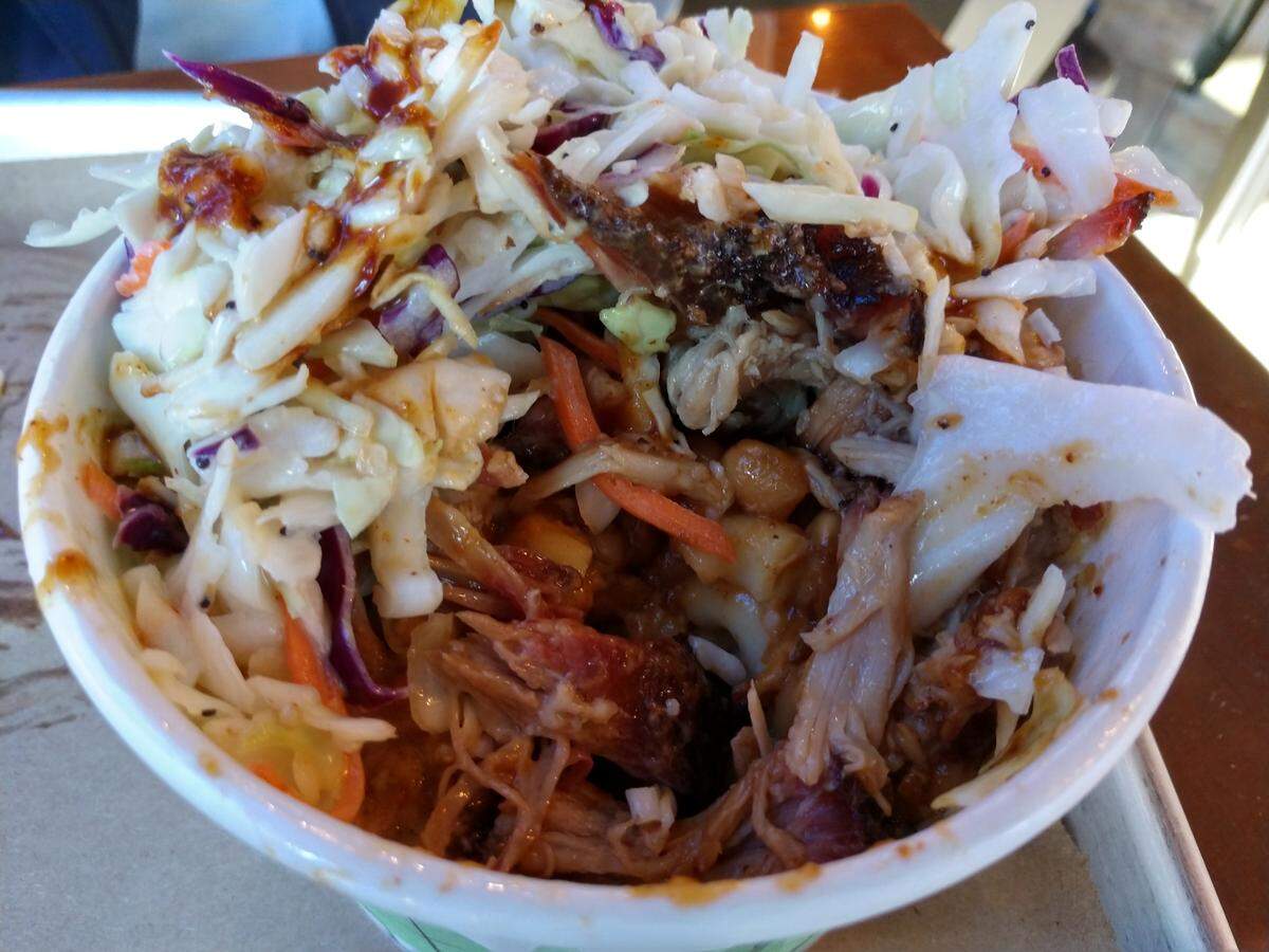 A look deep into the cup of a barbecue sundae at My 4 Sons BBQ in Midland.