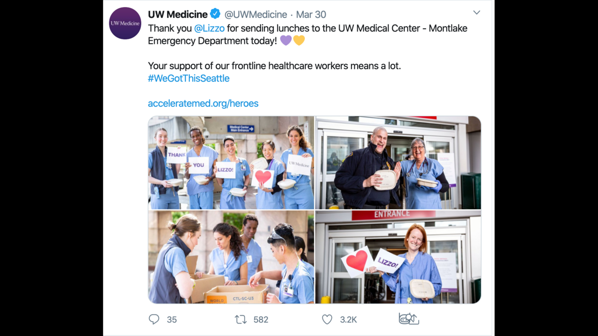 UW Medicine says “thank you” to Lizzo for sending lunch to Emergency Department Staff at the UW Medical Center.