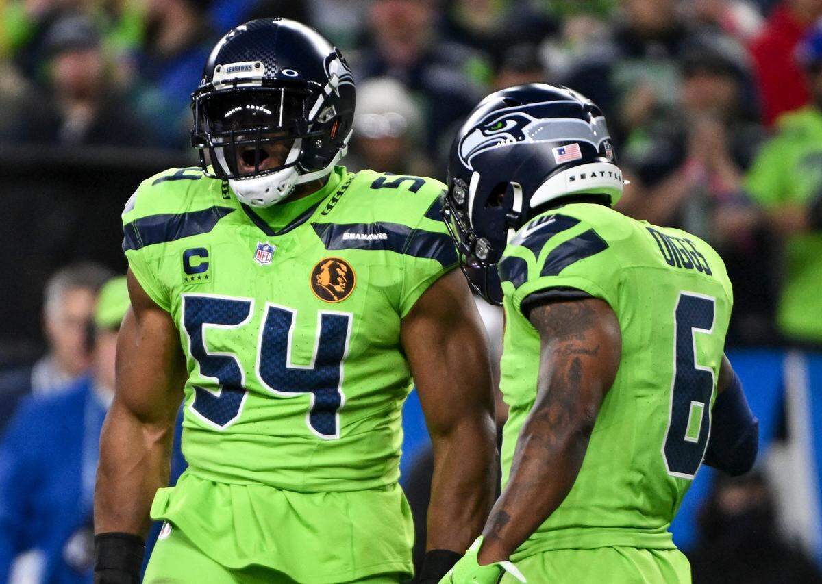 Seattle Seahawks linebacker Bobby Wagner (54) reacts to a sack on San Francisco 49ers quarterback Brock Purdy (13) during the second quarter of the game at Lumen Field, Thursday, Nov. 23, 2023, in Seattle, Wash.