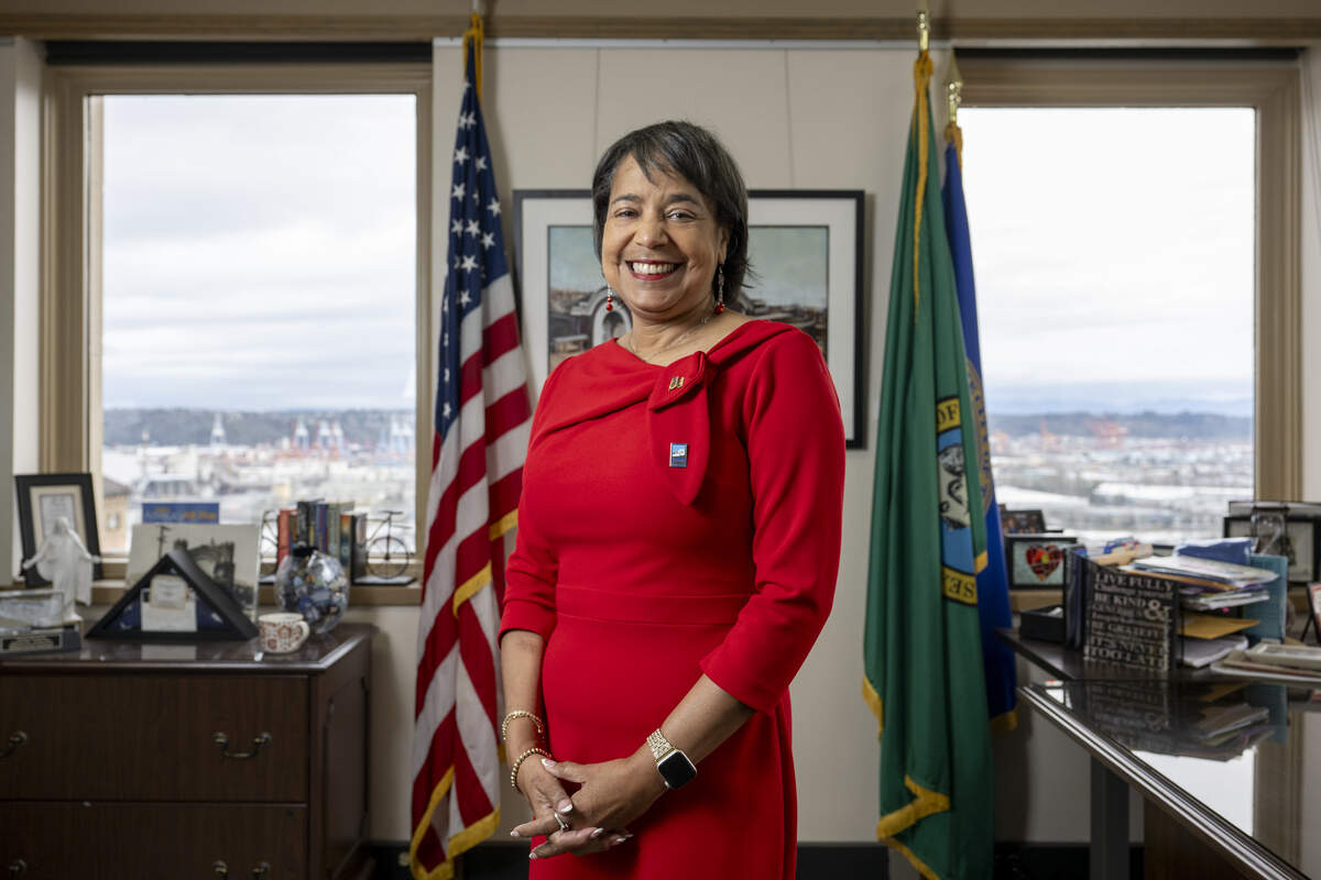 Outgoing Mayor Victoria Woodards stands for a portrait in her office on Tuesday, Dec. 16, 2025, in Tacoma, Wash.