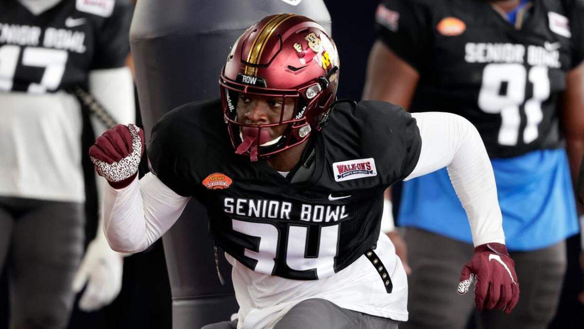 Boye Mafe from the University of Minnesota, here at this winter’s Senior Bowl showcase for NFL scouts, is among the intriguing edge rushers in a draft full of coveted pass-rush specialists.
