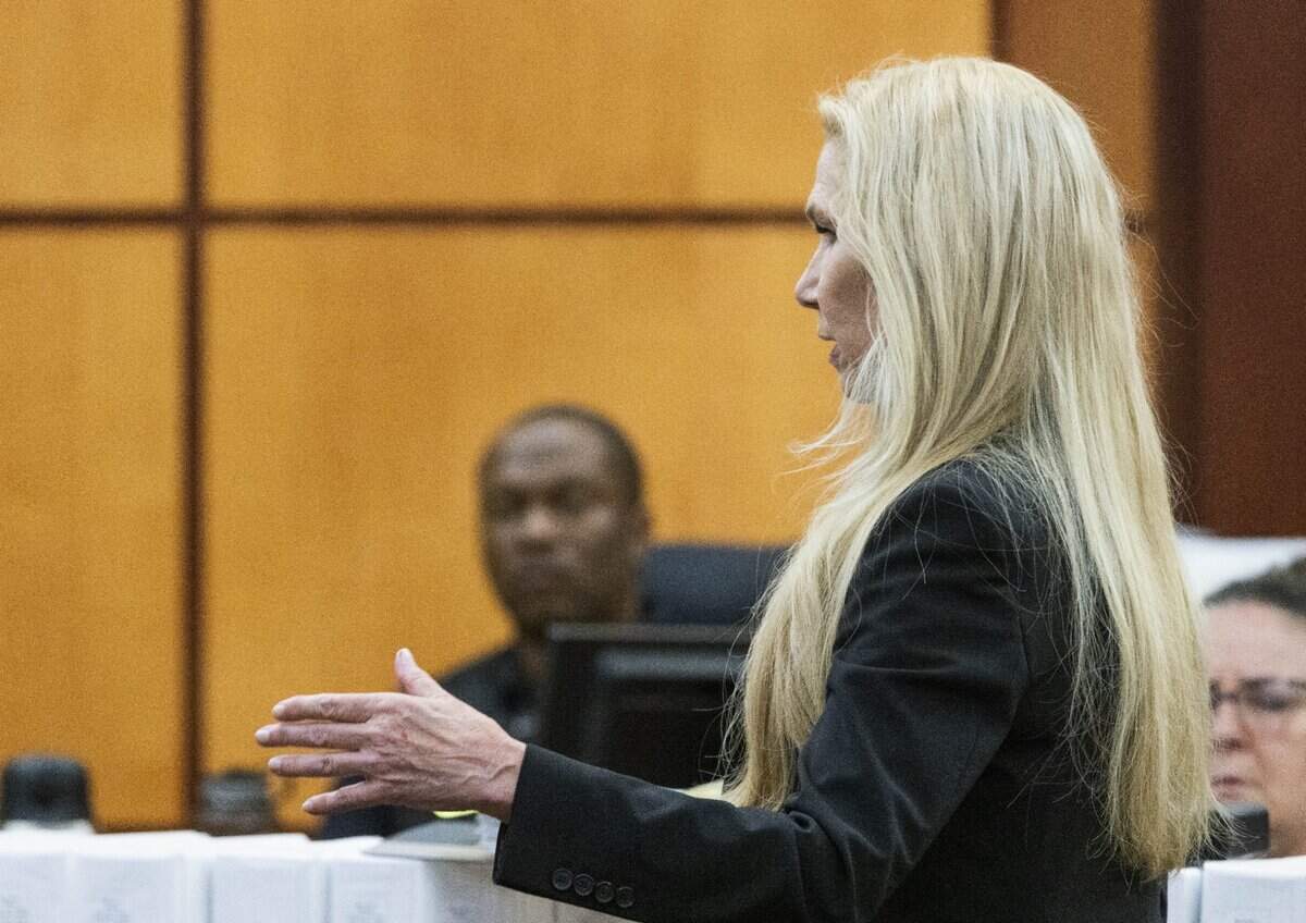 Defense attorney Anne Bremner, attorney for Timothy Rankine, asks questions of Tacoma Police Officer Masyih Ford in Pierce County Superior Court Wednesday Nov. 15, 2023, in Tacoma, WA. Officers Christopher Burbank, Matthew Collins and Timothy Rankine are charged with the death of Manny Ellis. Ford was RankineÕs partner at the time of his killing. (Ellen M. Banner / Pool / The Seattle Times)