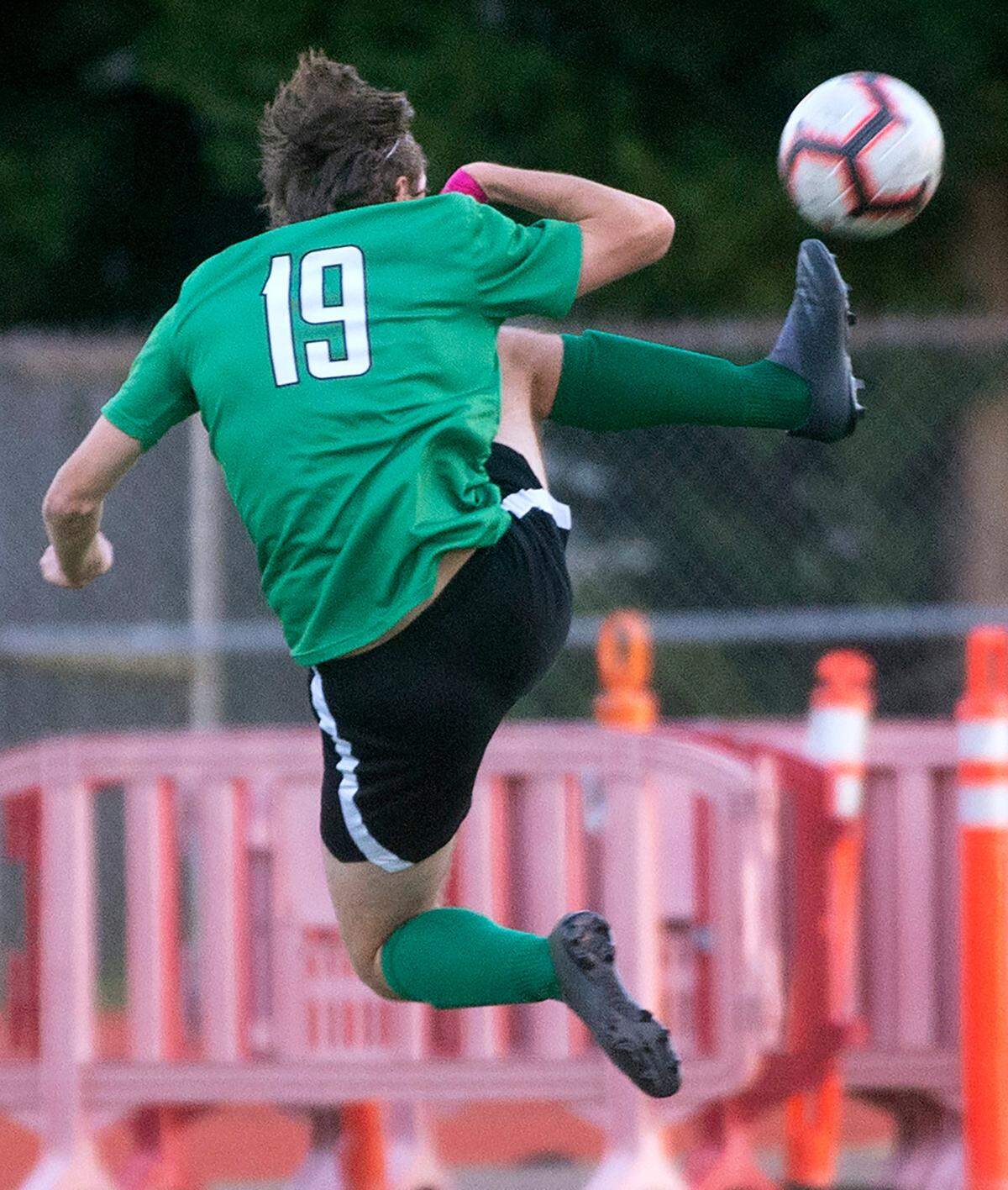 Tumwater senior defender Jack Armour is the T-Birds leader on the field, shown during a soccer match against the Rochester Warriors at Tumwater District Stadium in Tumwater, Washington, on Friday, April 16, 2021.