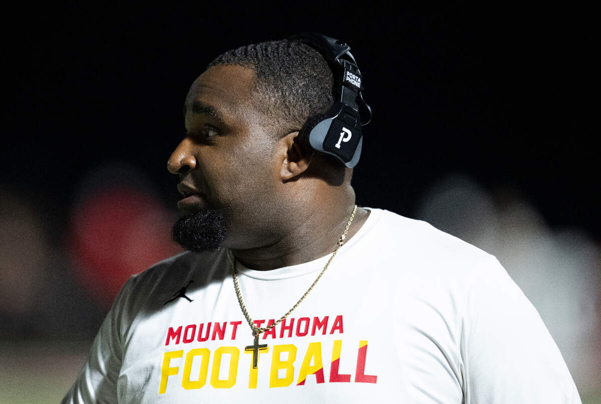 Mount Tahoma head coach Keith Terry looks on from the sidelines during the second half of the game at Yelm High School, on Thursday, Sept. 5, 2024, in Yelm, Wash.