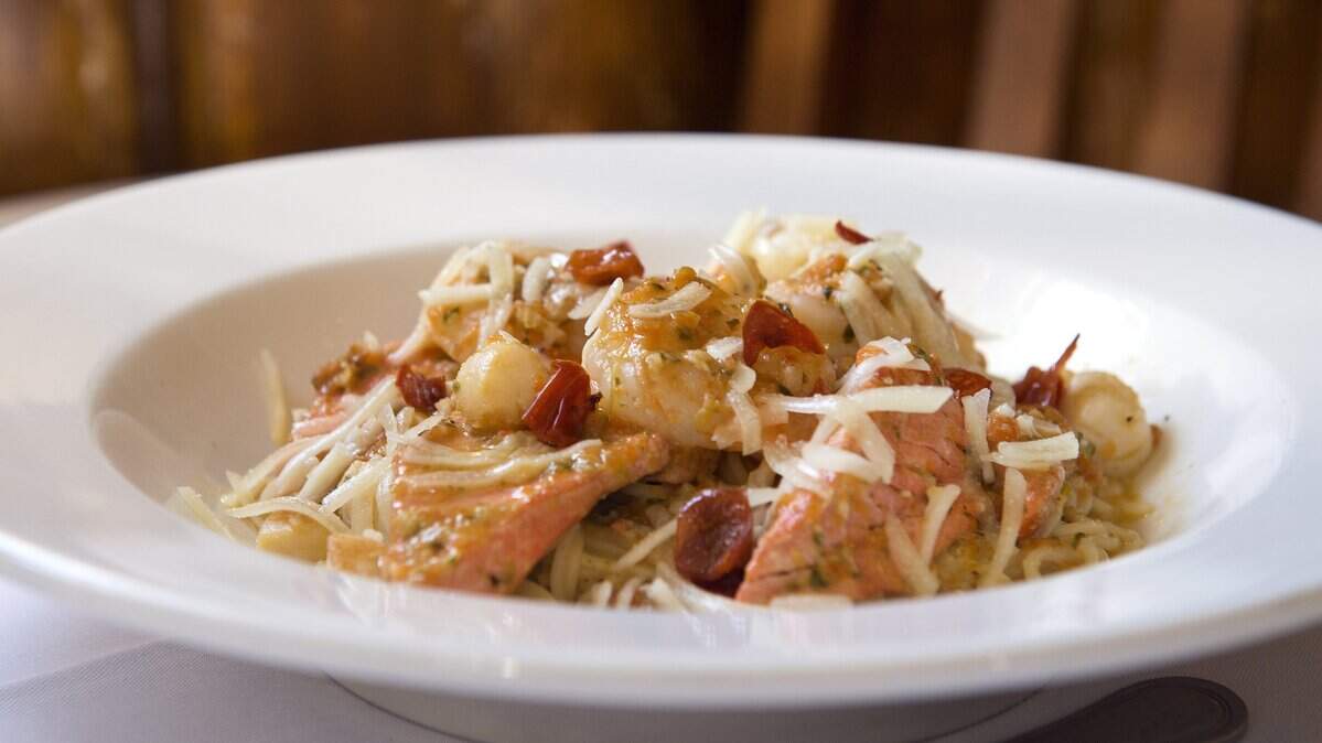 A plate of seafood pasta with shrimp, salmon and scallops is a delight at JW Restaurant in Gig Harbor.