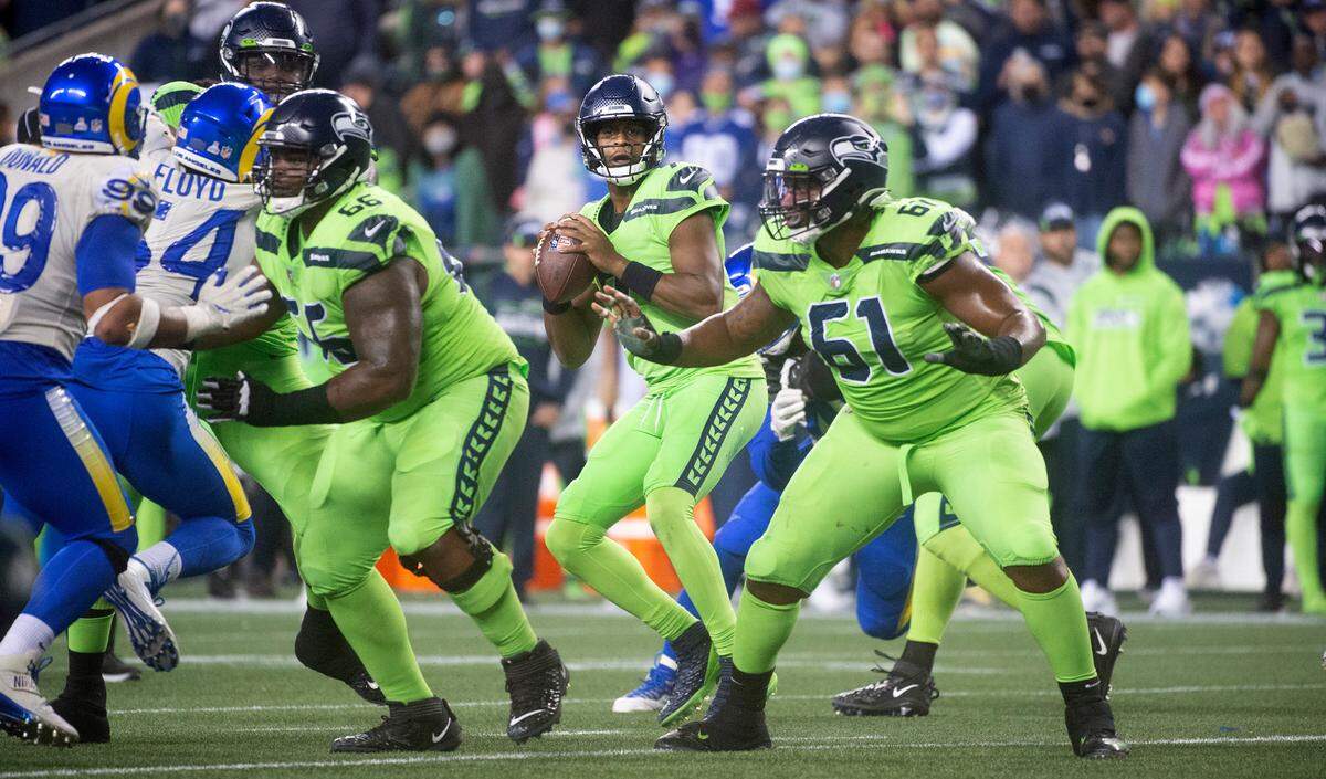 Seattle Seahawks backup quarterback Geno Smith came in to replace Russell Wilson after the starter hurt his hand during the NFL’s Thursday Night Football game against the Los Angeles Rams at Lumen Field in Seattle, Washington, on Oct. 7, 2021. The Rams won the game, 26-17.