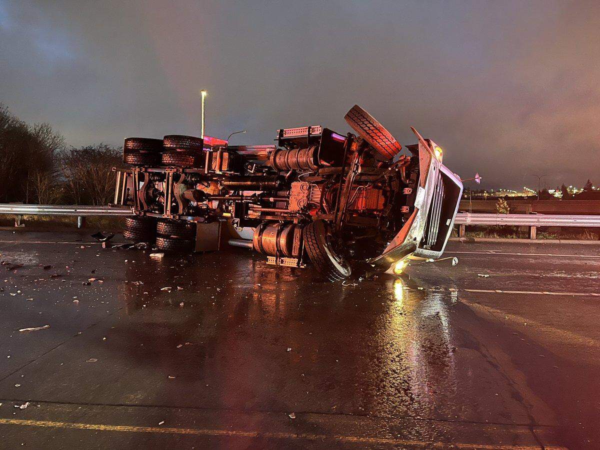 A tanker rolled over on the ramp from state Route 16 to South Sprague Avenue in Tacoma, blocking the exit around 4:43 p.m. on Monday, Nov. 25, 2024.