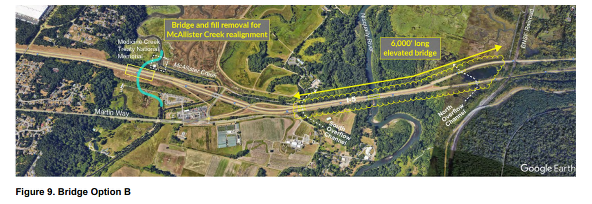 A map depicts an option being considered to replace the Nisqually River bridges along Interstate 5, remove fill under the bridges and add an additional bridge structure about 6,000 feet in length.