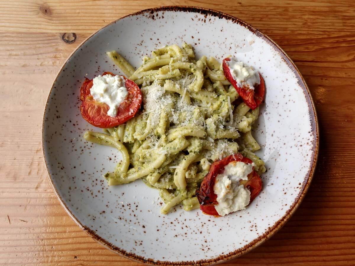 Tube-shaped casarecce pasta with a stunning pistachio pesto sauce.